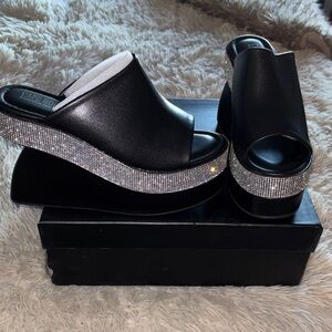 Cape Robbin Black Wedge Slide Sandals with Rhinestone Band